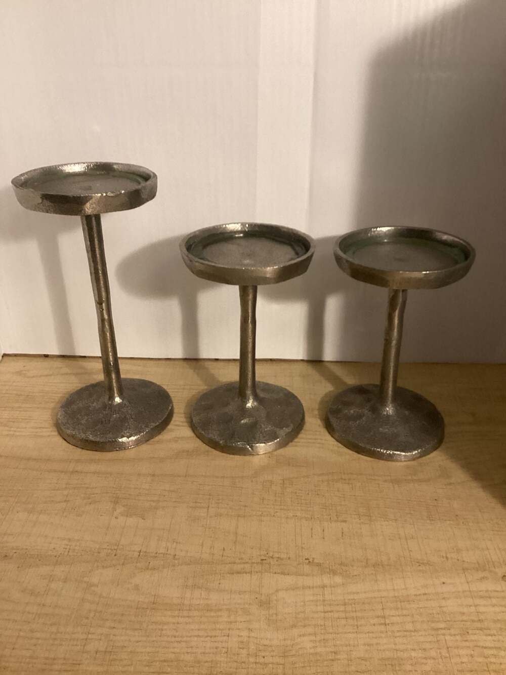 Set of 3 Silver Aluminum Pillar Candle Holders T-Lite Warning Made in India